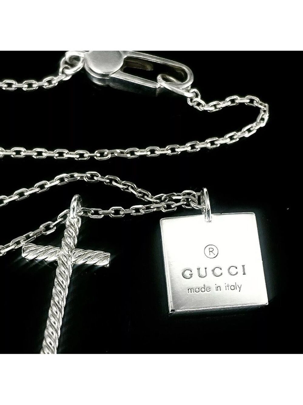 NEW GUCCI Cross and Square Tag Necklace - Gucci 925 Silver Double Pendant - Picture 6 of 9